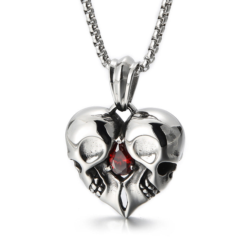 Vintage Heart Gemstone Skull Necklace