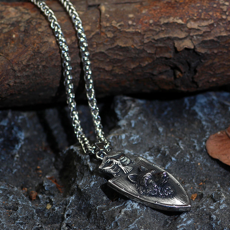 Viking wolf head crow necklace