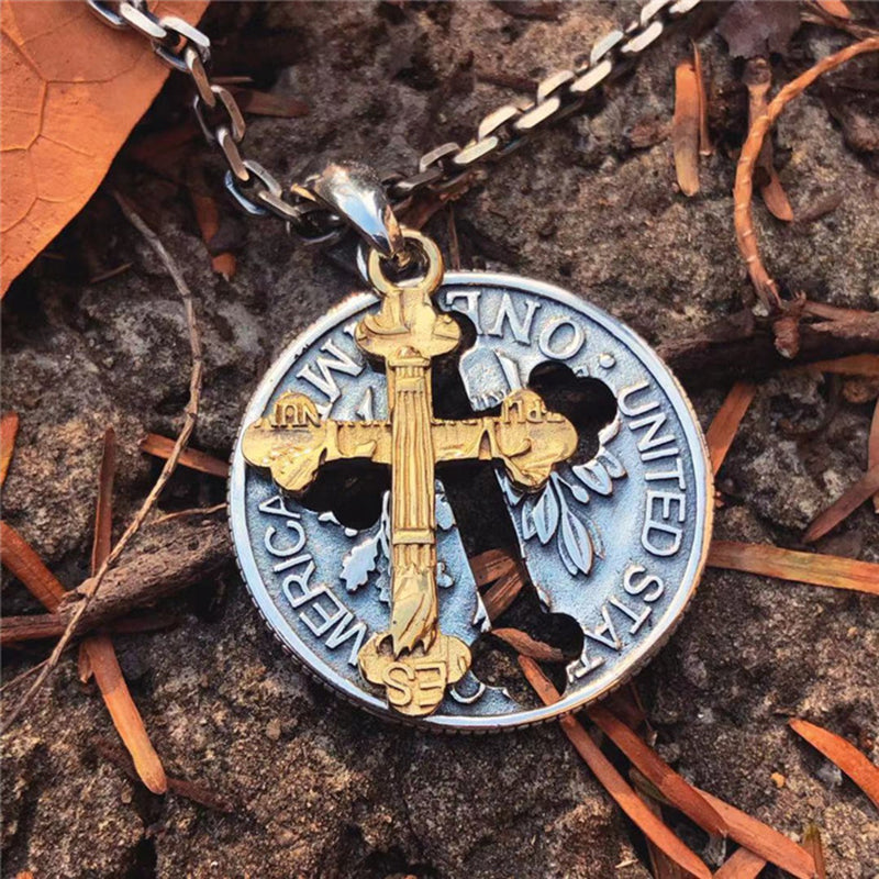 Openwork coin cross necklace