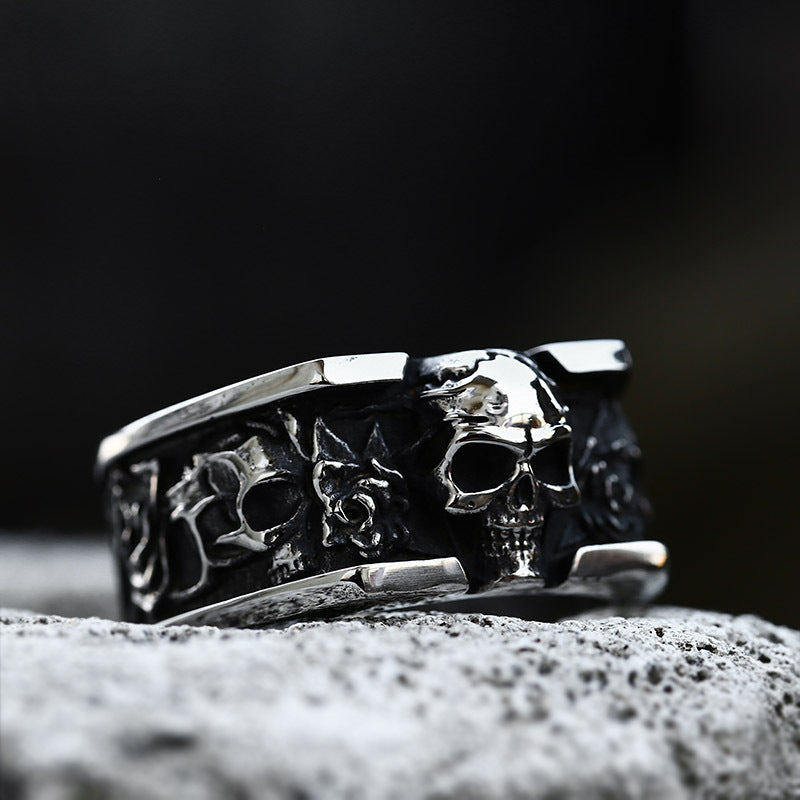 "Death Star" Skull Rose Square Ring