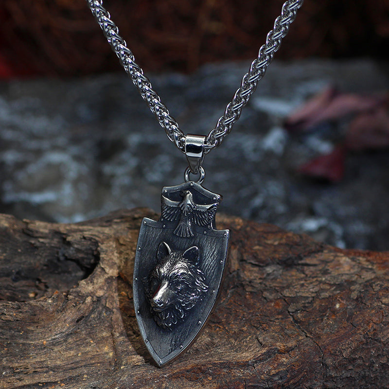 Viking wolf head crow necklace