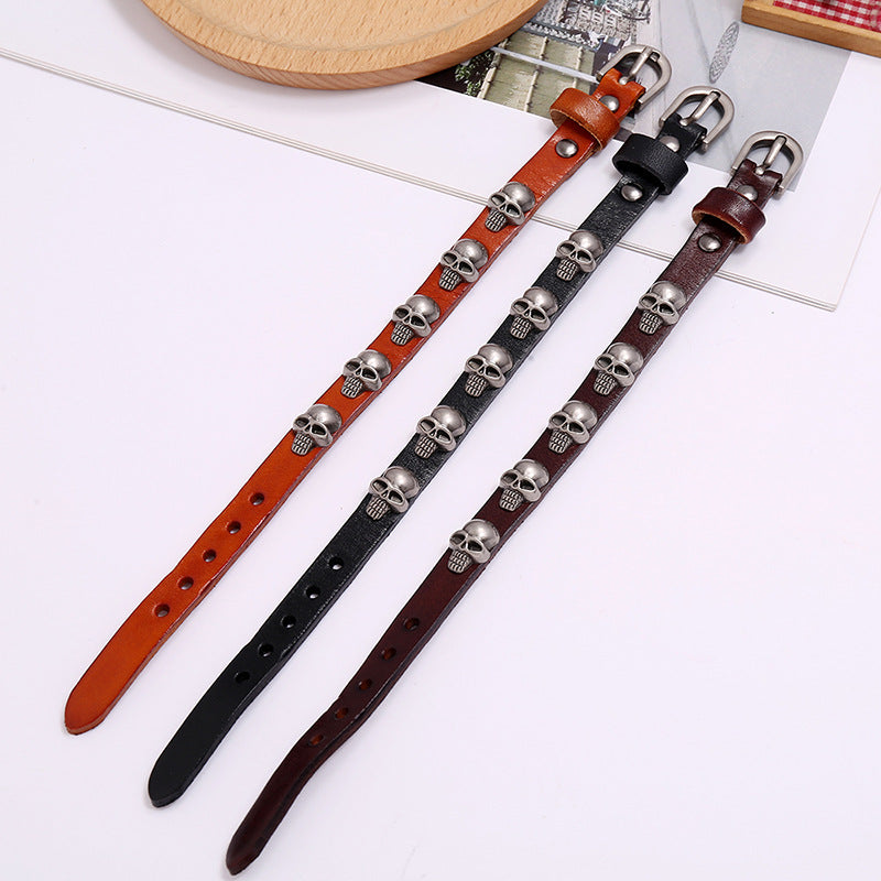 Punk style skull leather bracelet
