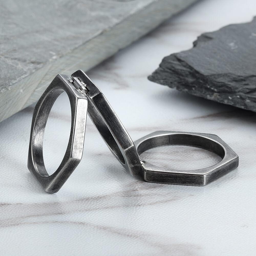 Retro Hexagonal Folding Stainless Steel Men's Ring