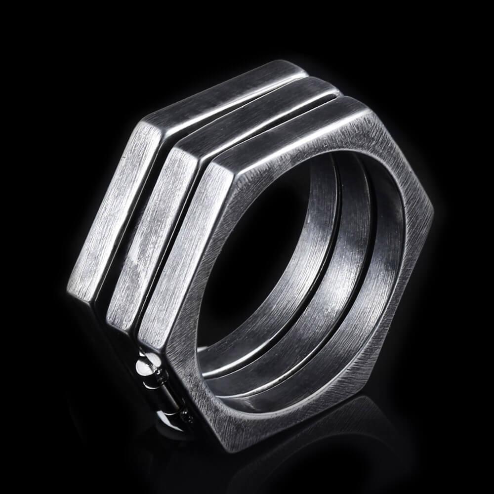 Retro Hexagonal Folding Stainless Steel Men's Ring