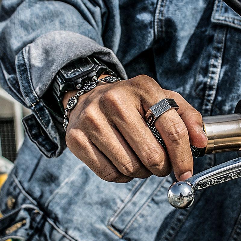 Retro Hexagonal Folding Stainless Steel Men's Ring