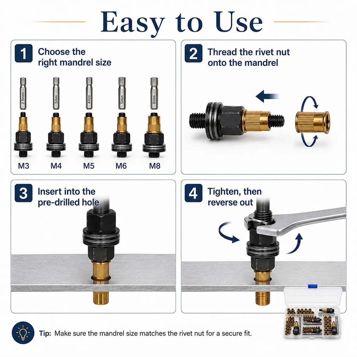 10-Piece Rivet Nut Adapter Tool Kit with 50 Rivet Nuts