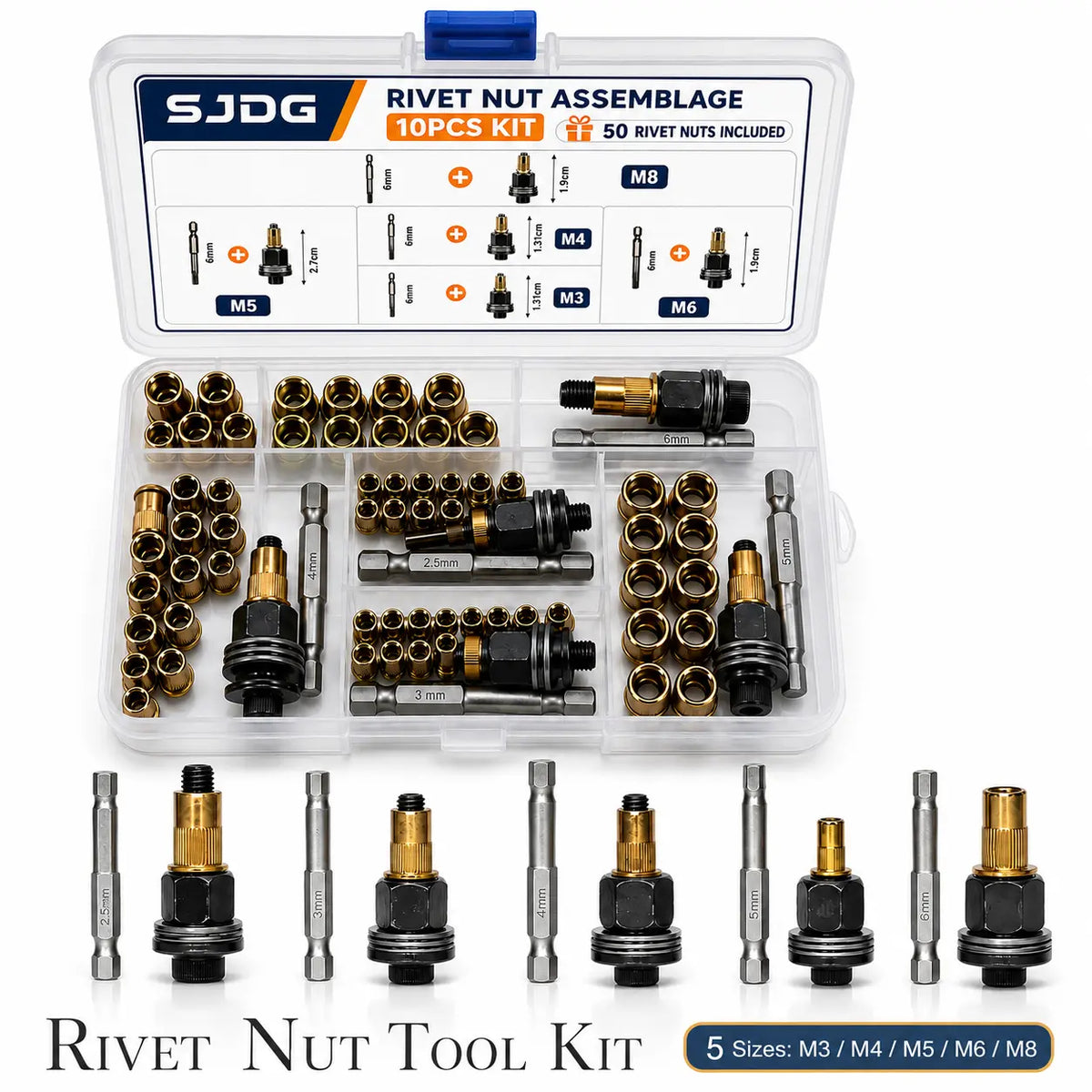 10-Piece Rivet Nut Adapter Tool Kit with 50 Rivet Nuts