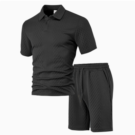 Men’s Textured Knit Polo Shirt & Shorts Set – Premium Casual Athletic Summer Outfit