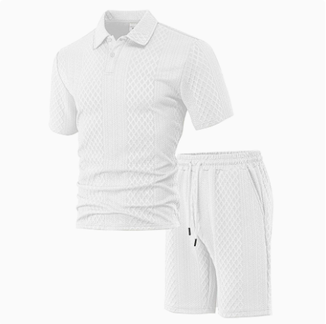 Men’s Textured Knit Polo Shirt & Shorts Set – Premium Casual Athletic Summer Outfit