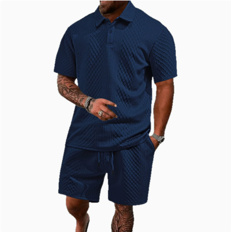 Men’s Textured Knit Polo Shirt & Shorts Set – Premium Casual Athletic Summer Outfit