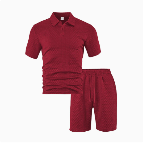 Men’s Textured Knit Polo Shirt & Shorts Set – Premium Casual Athletic Summer Outfit