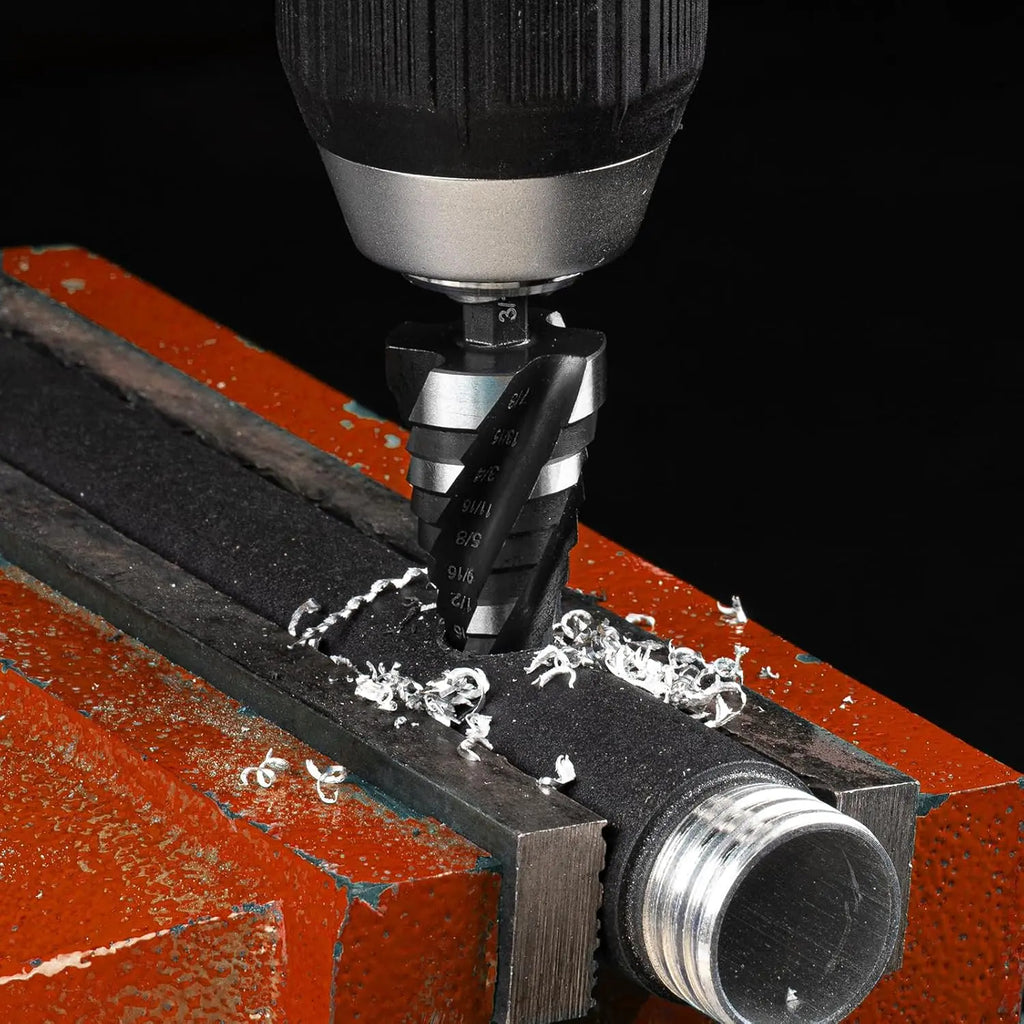 5-Piece Four-Flute Step Drill Bit Set — More Sizes, Less Switching