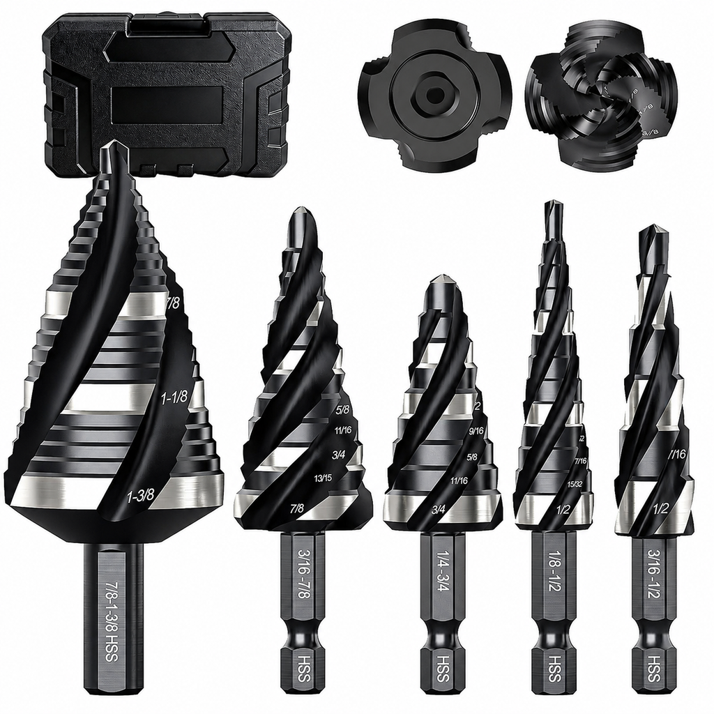 5-Piece Four-Flute Step Drill Bit Set — More Sizes, Less Switching