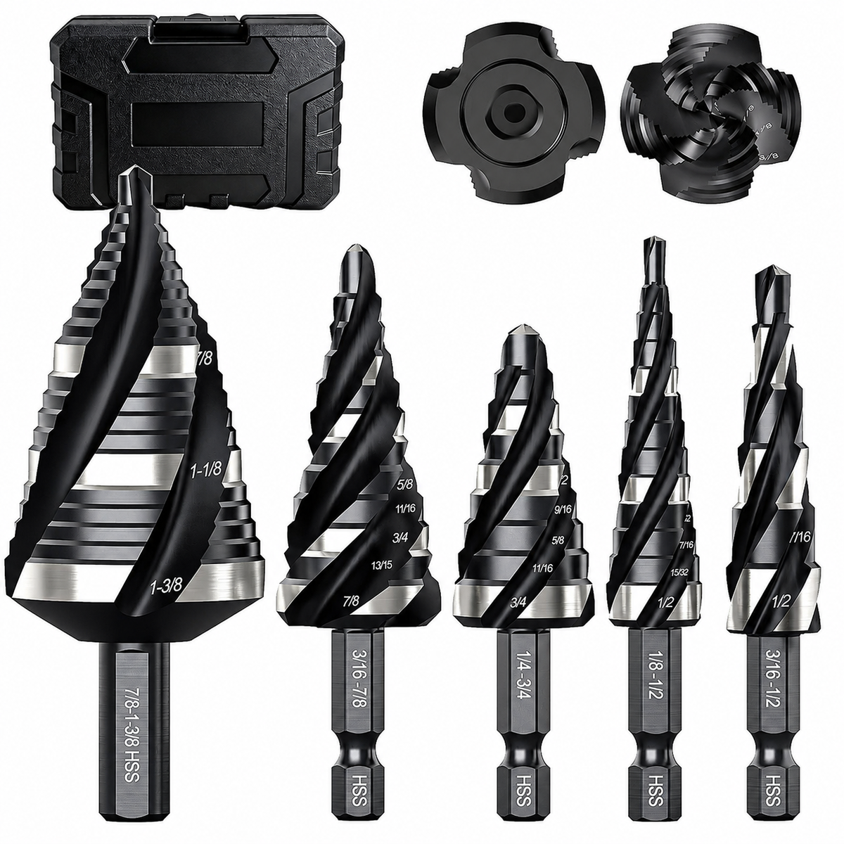 5-Piece Four-Flute Step Drill Bit Set — More Sizes, Less Switching
