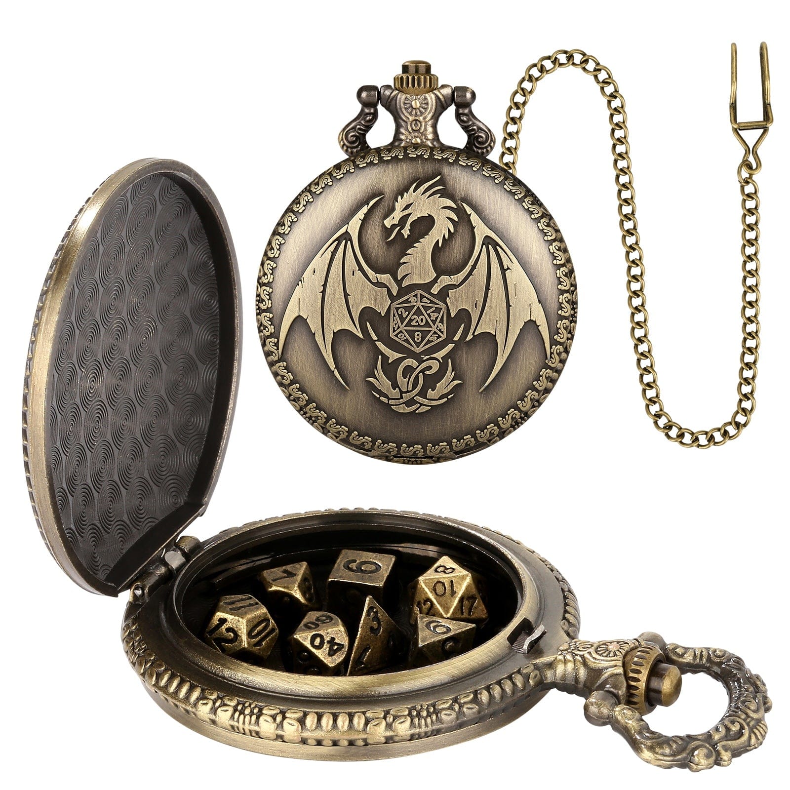 Dragon-Shaped D&D Style Pocket Watch Dice Set 
