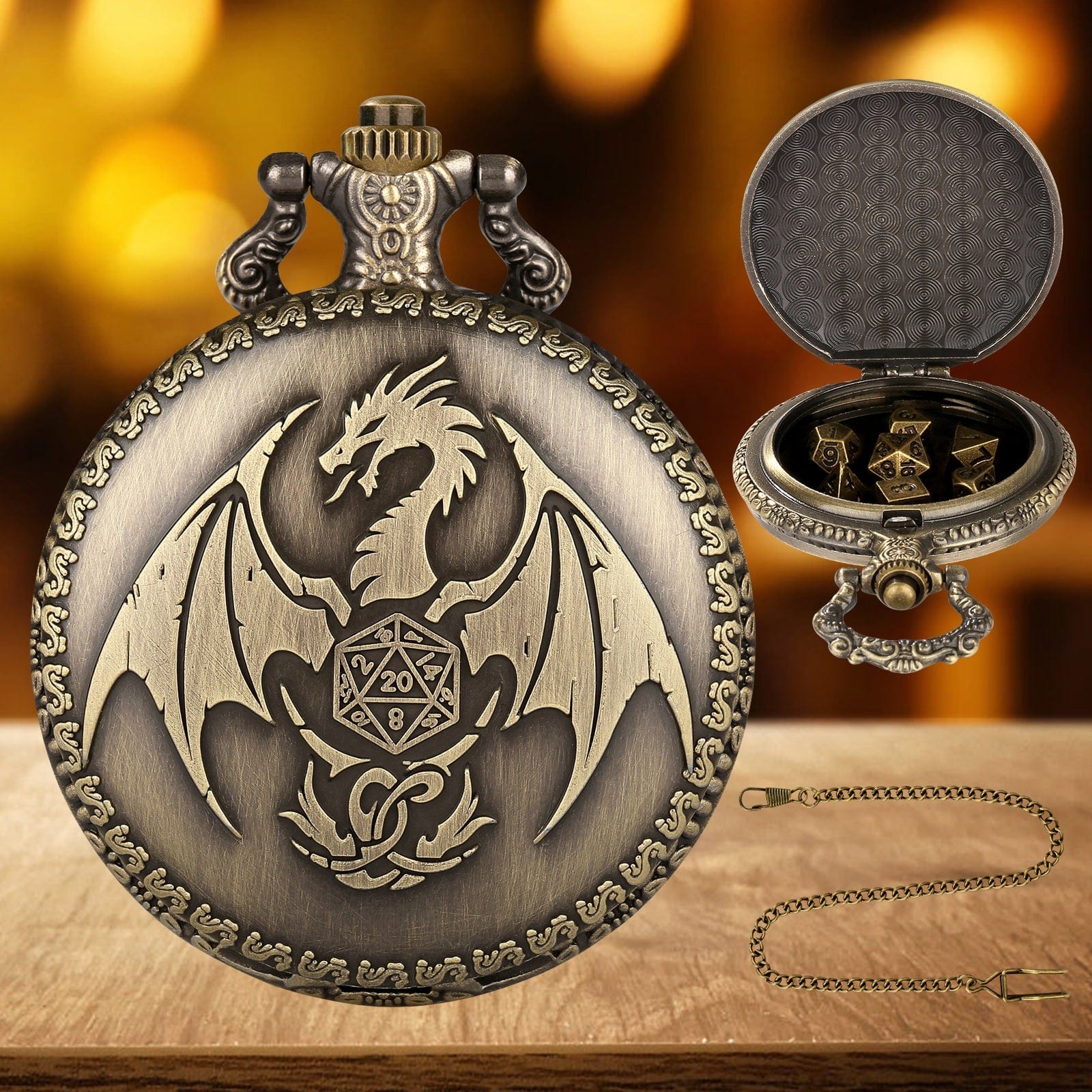 Dragon-Shaped D&D Style Pocket Watch Dice Set 