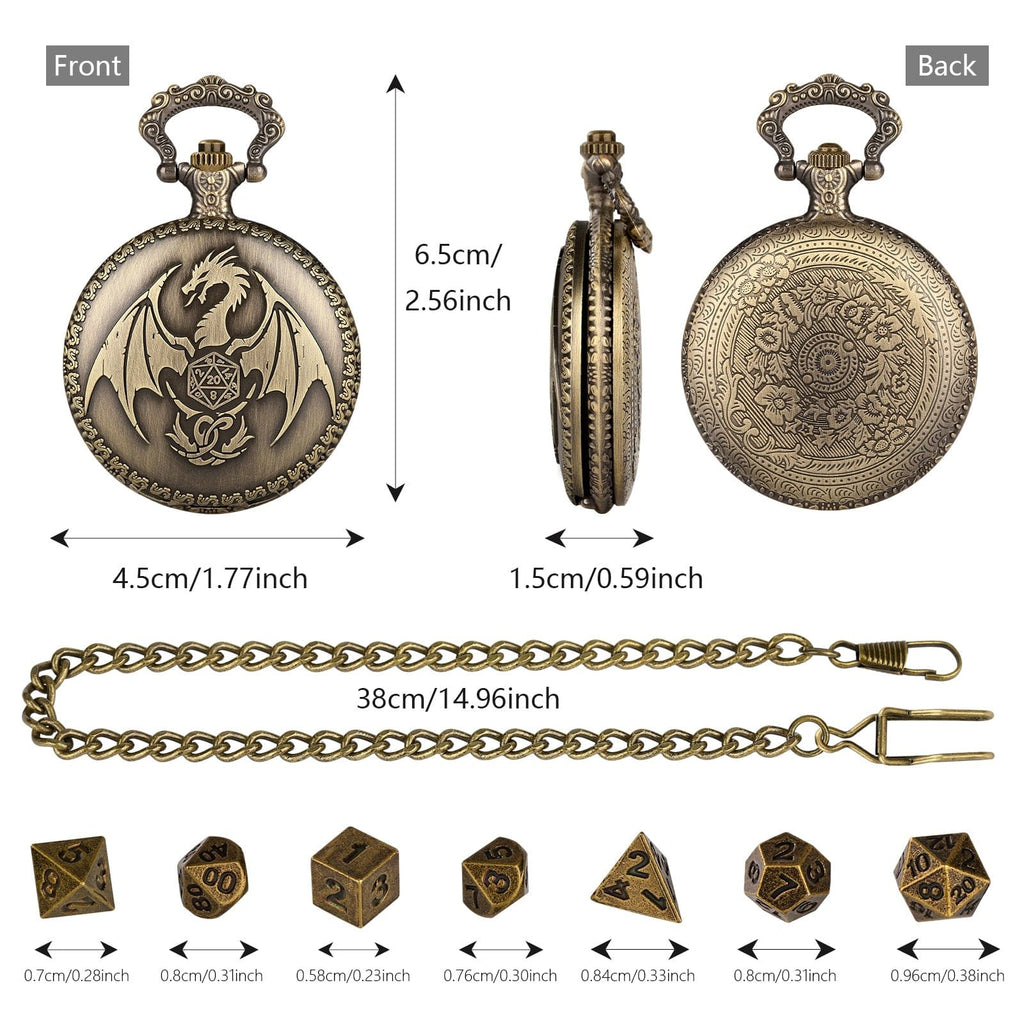 Dragon-Shaped D&D Style Pocket Watch Dice Set 