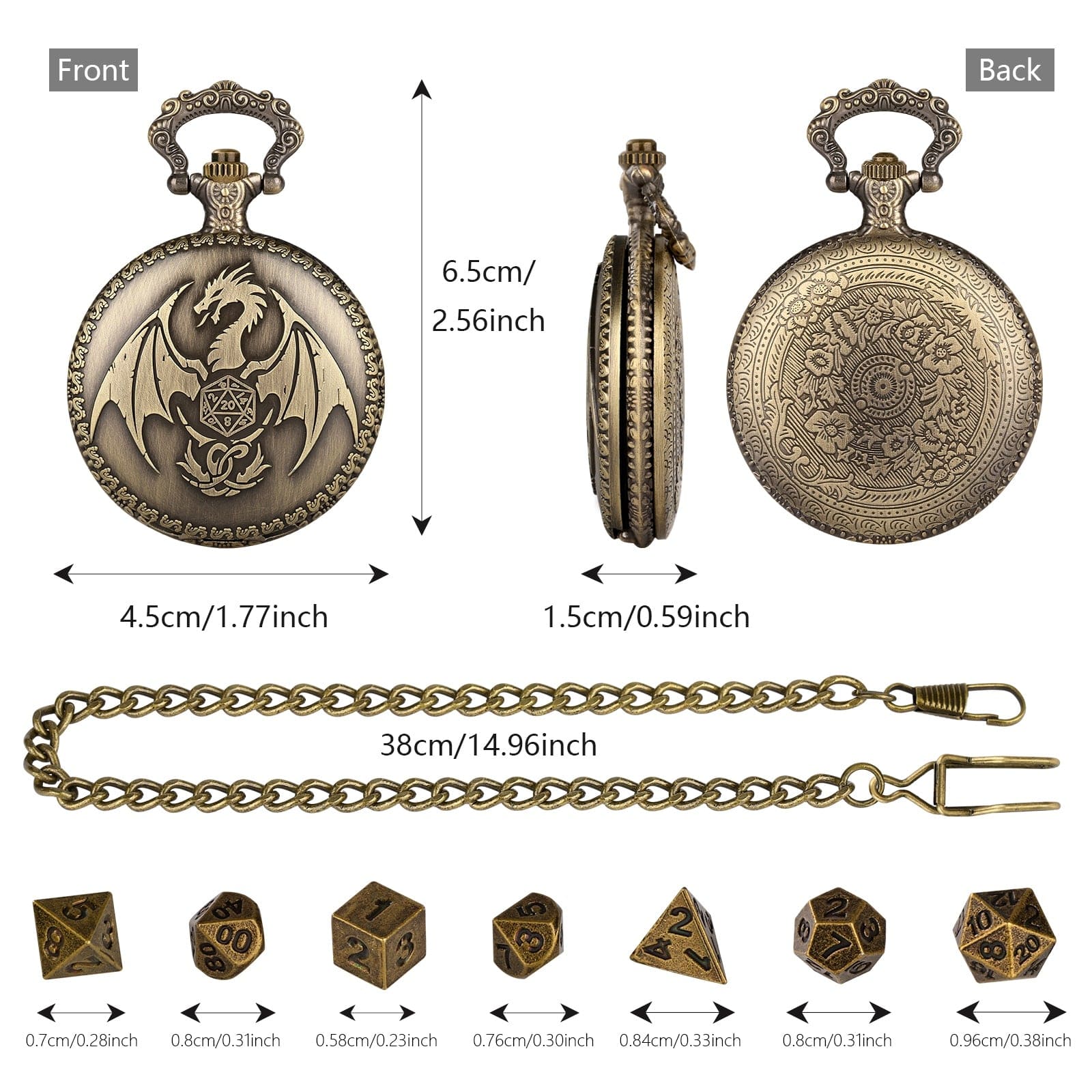 Dragon-Shaped D&D Style Pocket Watch Dice Set 