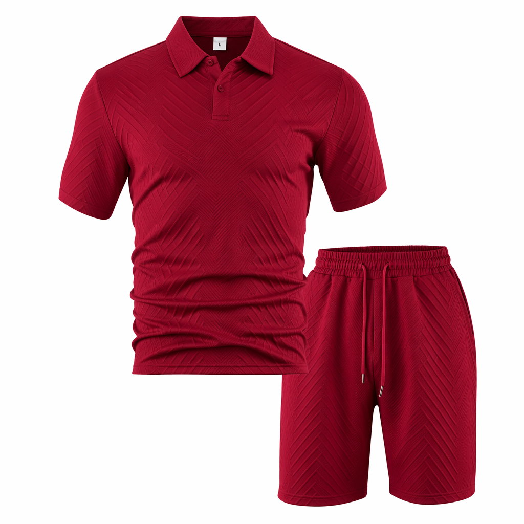 Men’s Textured Knit Polo Shirt & Shorts Set – Premium Casual Athletic Summer Outfit