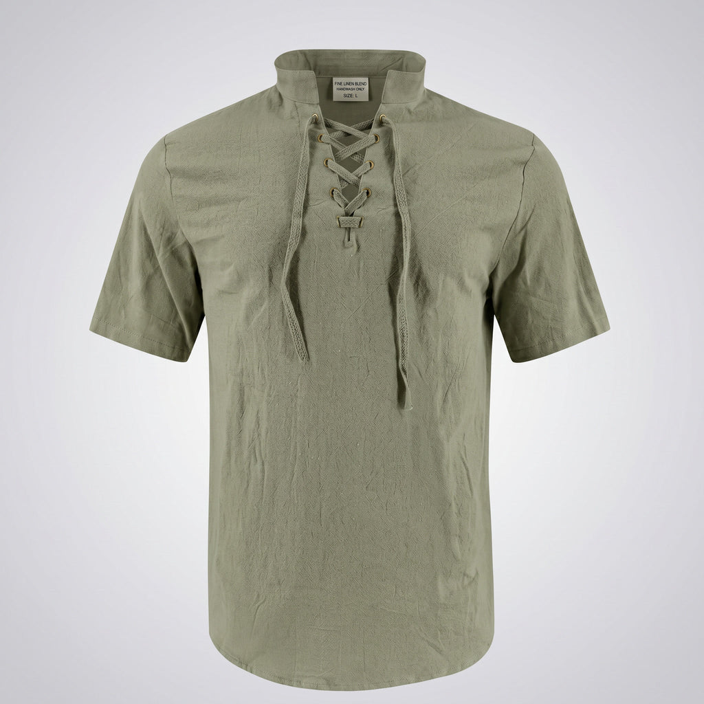 Men’s Textured Lace-Up Henley Shirt – Short Sleeve Linen Cotton Casual Fit Tee