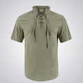 Men’s Textured Lace-Up Henley Shirt – Short Sleeve Linen Cotton Casual Fit Tee