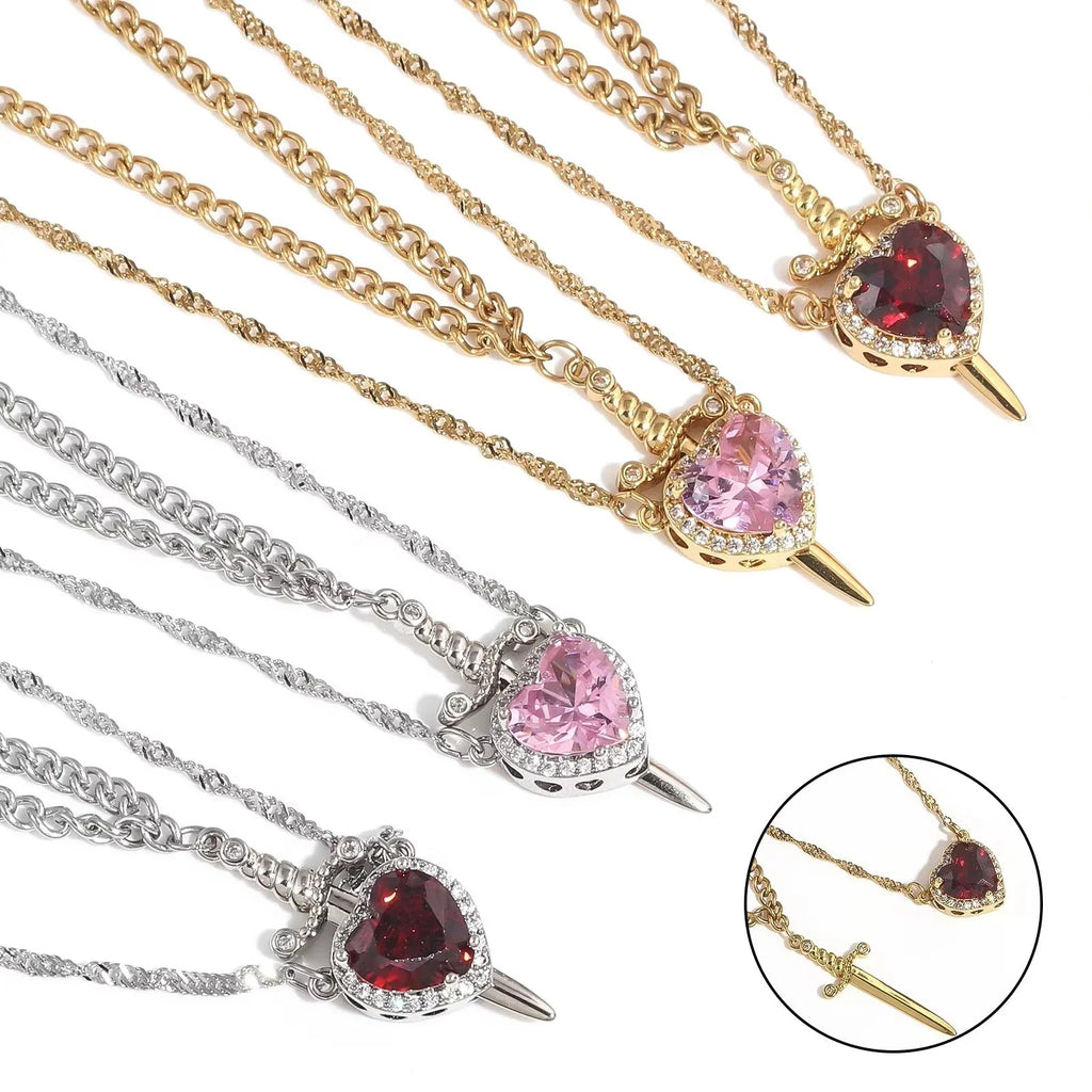 Crystal Heart and Dagger Necklace Set