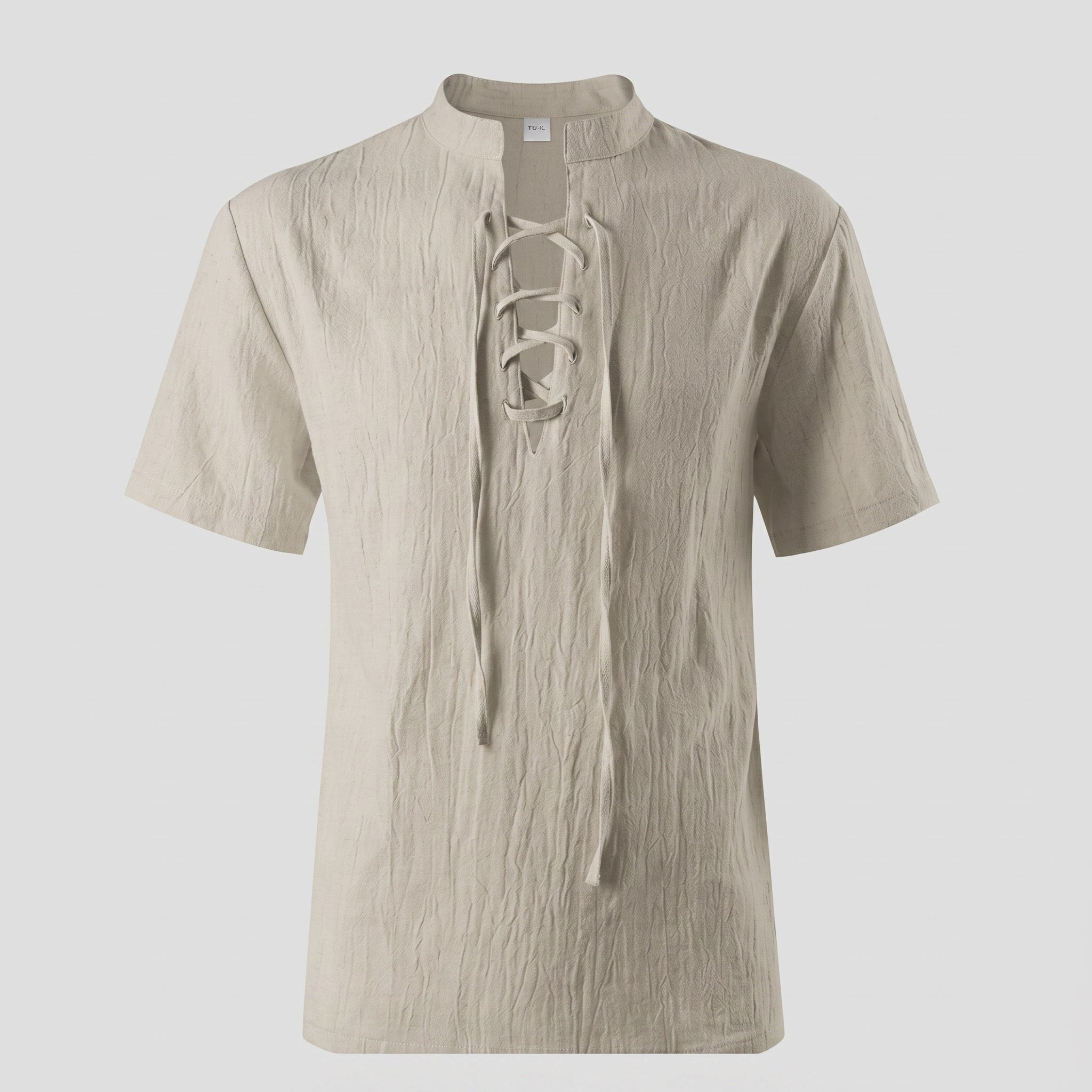 Men’s Textured Lace-Up Henley Shirt – Short Sleeve Linen Cotton Casual Fit Tee