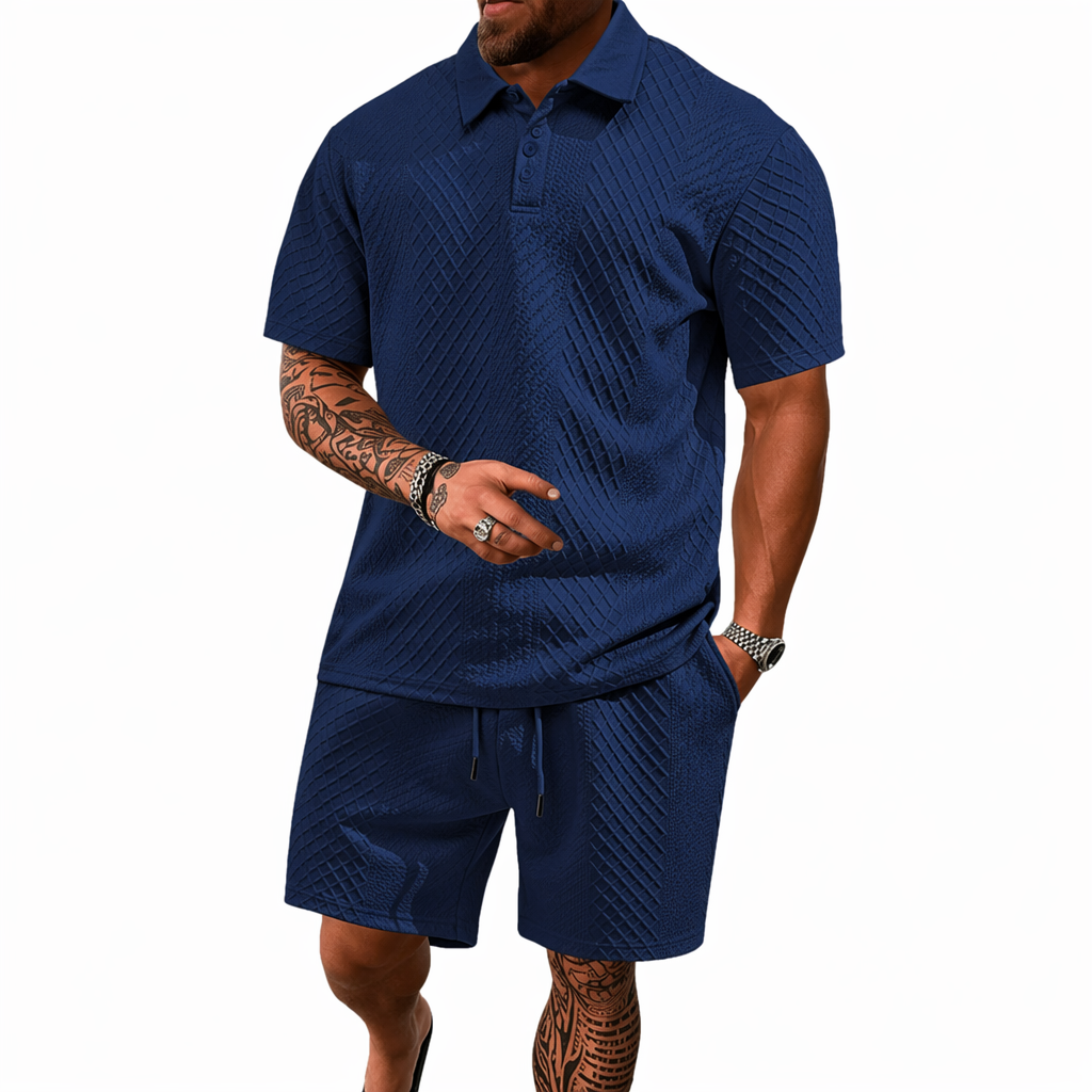 Men’s Textured Knit Polo Shirt & Shorts Set – Premium Casual Athletic Summer Outfit